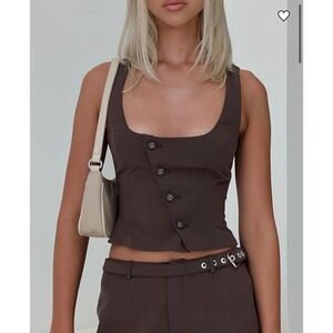 Princess Polly Airi Asymmetric Placket Vest Brown Top Size US 4 Dark Academia